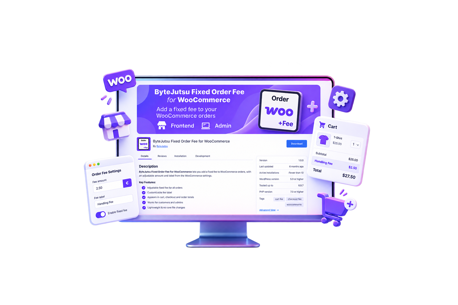 A published WooCommerce plugin that adds a configurable fee to every order. Set the amount and label in seconds and the charge appears automatically in the cart, at checkout and in order totals.