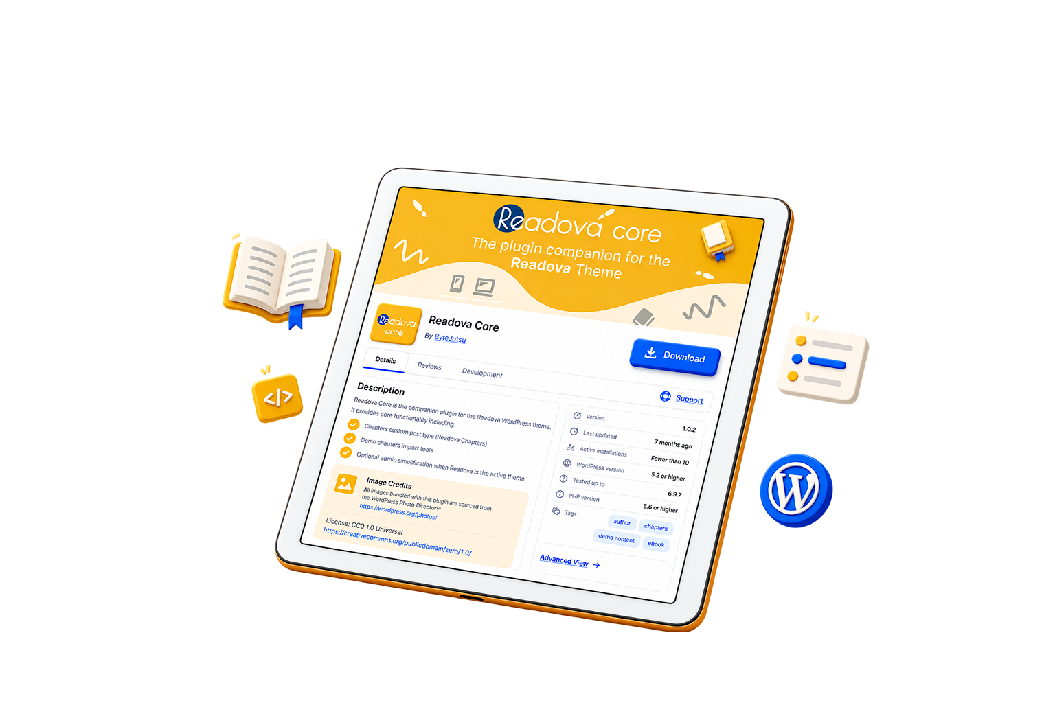 The engine behind the Readova publishing platform. Readova Core adds chapter management, one-click demo import and streamlined WordPress tools, everything an author needs to run a publishing site on their own.
